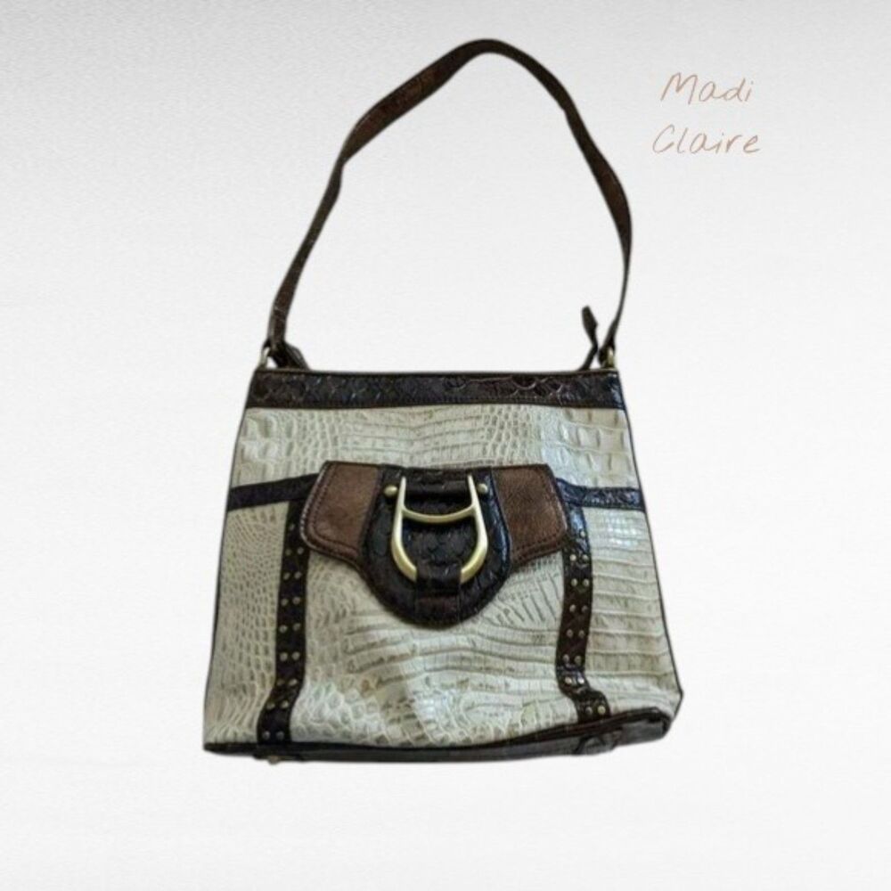 Madi Claire Croc Embossed Shoulder Bag Two Tone Cream Brown Buckle